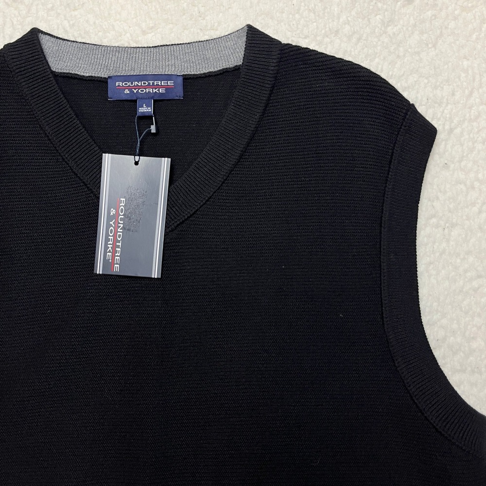 Roundtree & Yorke Sweater Vest Mens L Black V-Neck Cotton Blend F55SR830 Ribbed